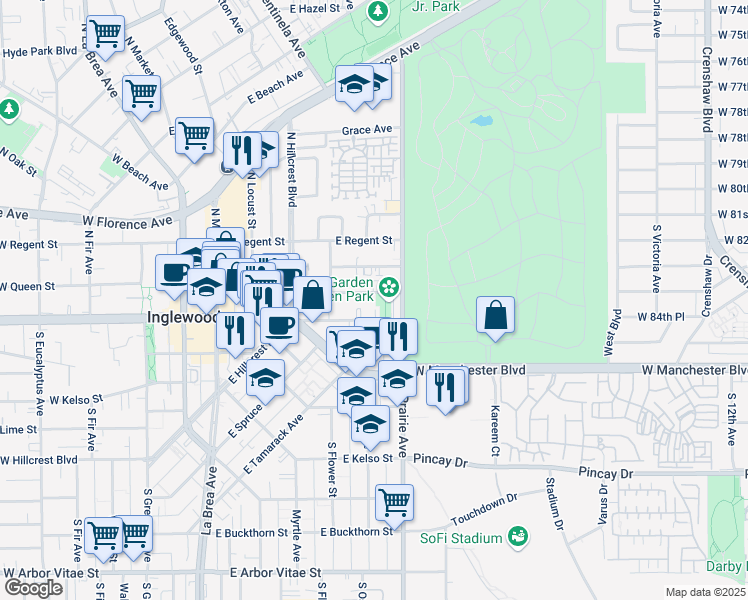 map of restaurants, bars, coffee shops, grocery stores, and more near 637 East Queen Street in Inglewood