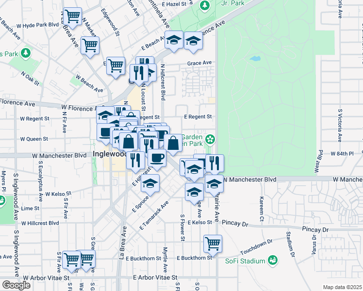map of restaurants, bars, coffee shops, grocery stores, and more near 601 East Queen Street in Inglewood