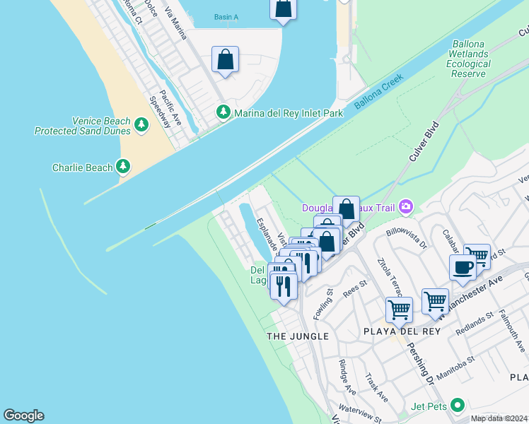 map of restaurants, bars, coffee shops, grocery stores, and more near 6301 Vista Del Mar in Los Angeles