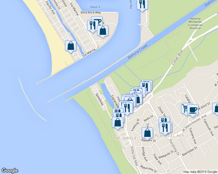 map of restaurants, bars, coffee shops, grocery stores, and more near 6301 Vista Del Mar in Los Angeles