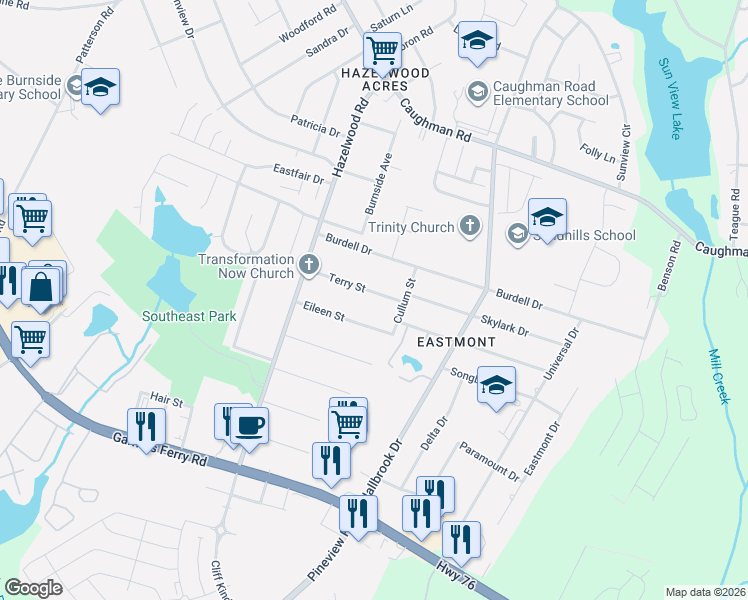 map of restaurants, bars, coffee shops, grocery stores, and more near 7603 Terry Street in Columbia