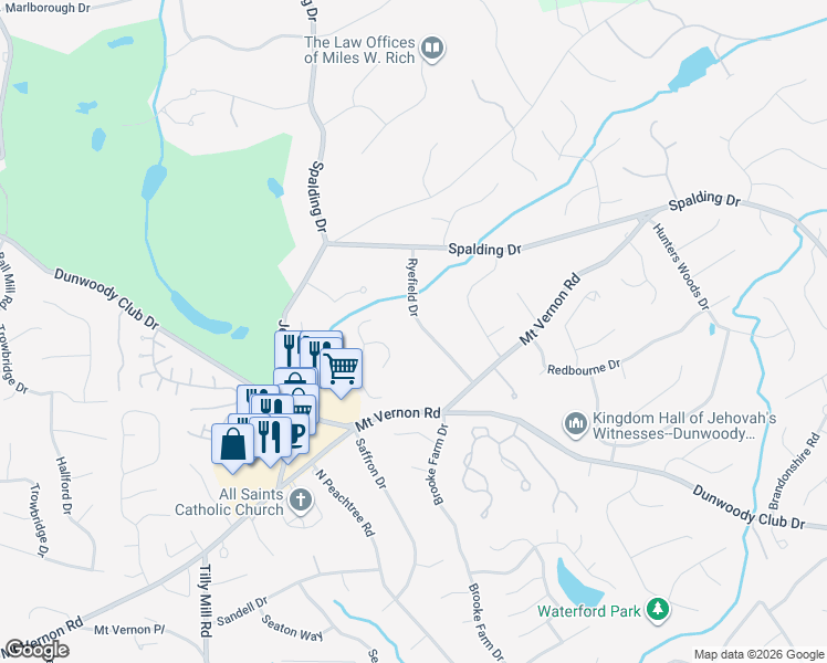 map of restaurants, bars, coffee shops, grocery stores, and more near 7670 Ryefield Drive in Atlanta