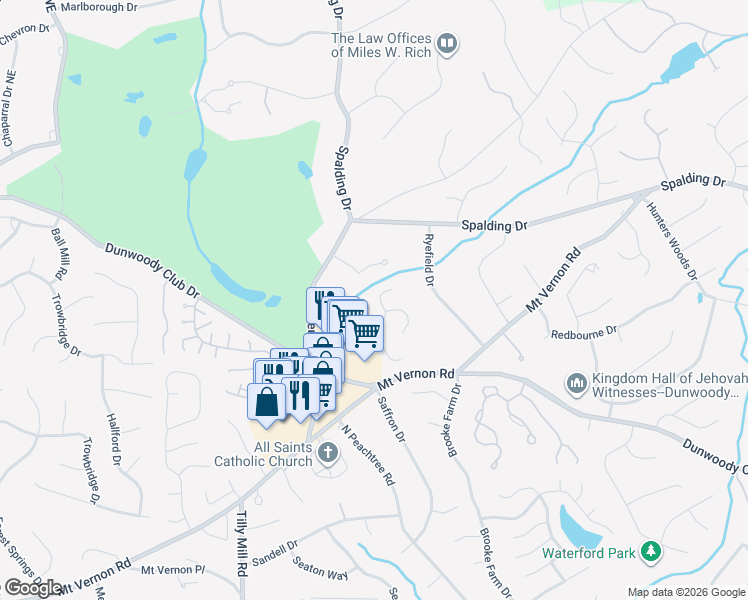 map of restaurants, bars, coffee shops, grocery stores, and more near 7430 Chestwick Court in Atlanta