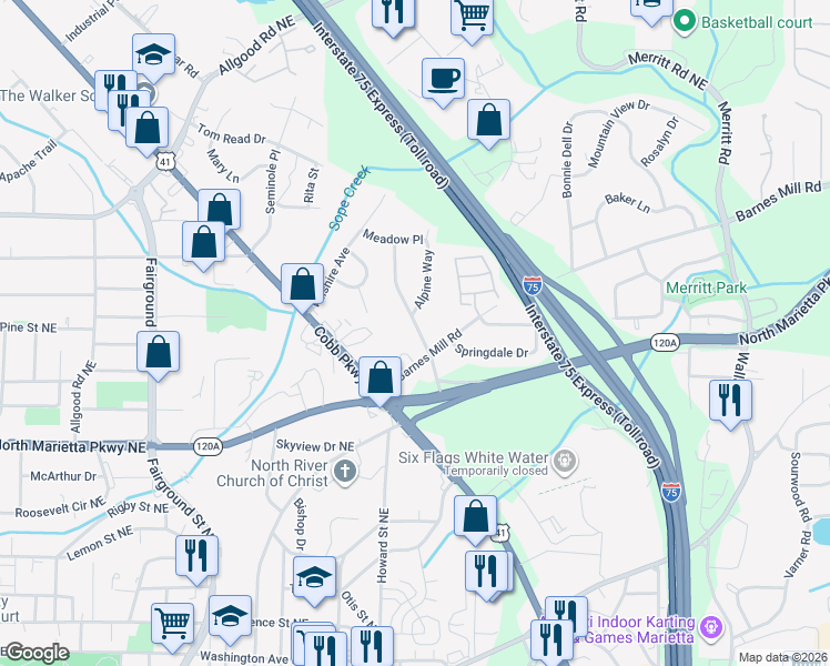 map of restaurants, bars, coffee shops, grocery stores, and more near in Marietta