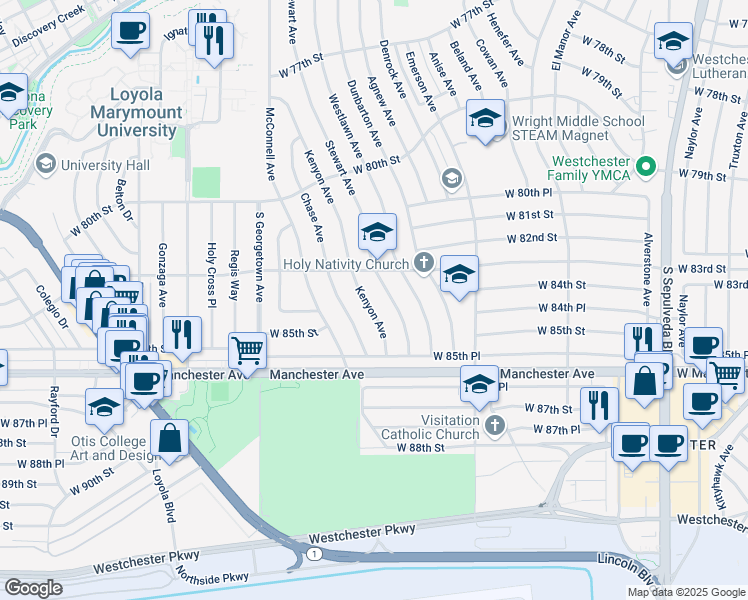 map of restaurants, bars, coffee shops, grocery stores, and more near 8309 Stewart Avenue in Los Angeles