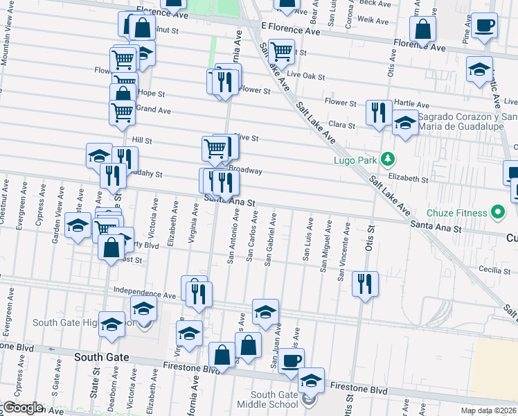 map of restaurants, bars, coffee shops, grocery stores, and more near 3700 Santa Ana Street in South Gate