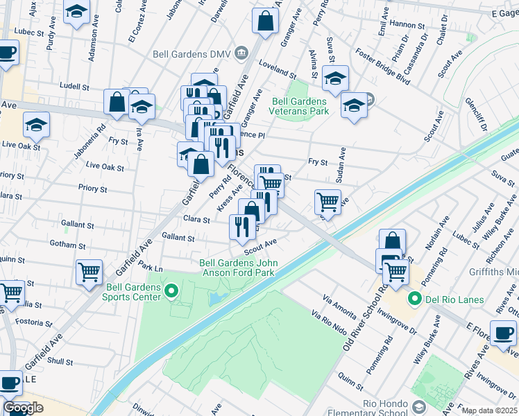 map of restaurants, bars, coffee shops, grocery stores, and more near 7625 Emil Avenue in Bell Gardens