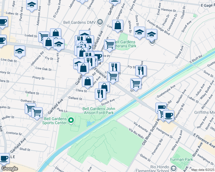 map of restaurants, bars, coffee shops, grocery stores, and more near 7625 Emil Avenue in Bell Gardens