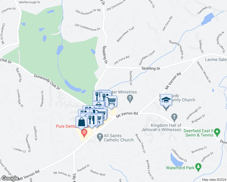 map of restaurants, bars, coffee shops, grocery stores, and more near 7430 Chestwick Court in Atlanta
