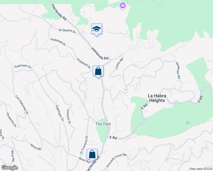 map of restaurants, bars, coffee shops, grocery stores, and more near 105 Reposado Drive in La Habra Heights