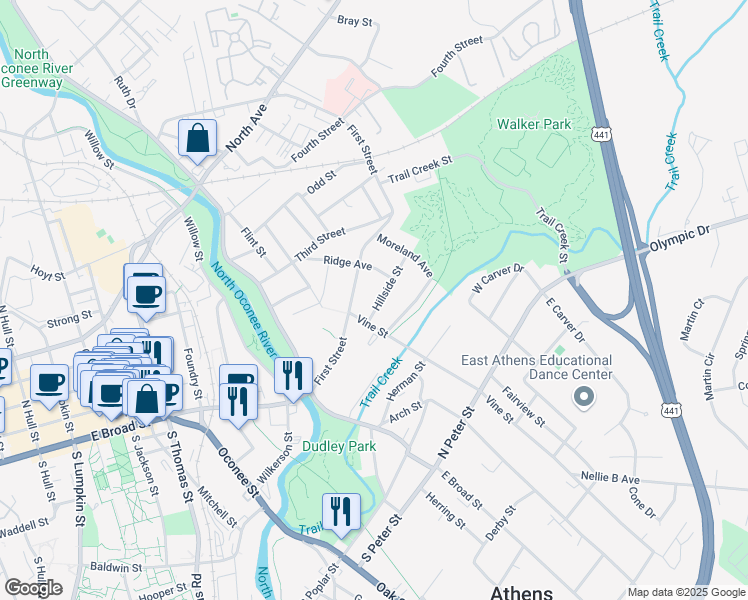 map of restaurants, bars, coffee shops, grocery stores, and more near 235 Ridge Avenue in Athens