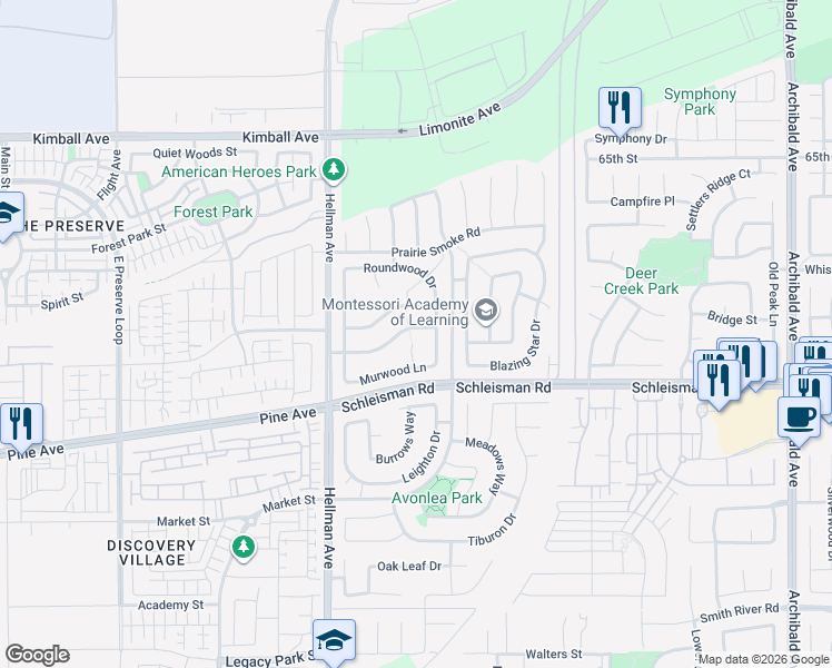 map of restaurants, bars, coffee shops, grocery stores, and more near 14833 Landerwood Drive in Corona