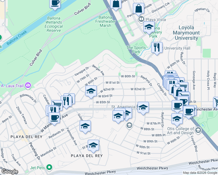 map of restaurants, bars, coffee shops, grocery stores, and more near 7557 West 82nd Street in Los Angeles