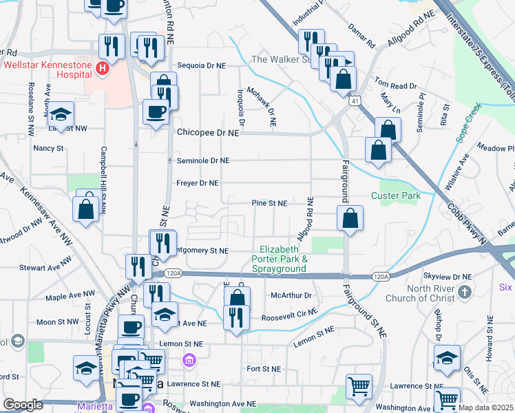 map of restaurants, bars, coffee shops, grocery stores, and more near 324 Pine Street Northeast in Marietta