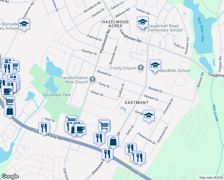 map of restaurants, bars, coffee shops, grocery stores, and more near 7603 Terry Street in Columbia