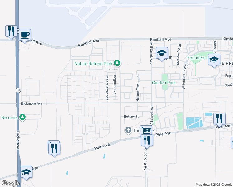 map of restaurants, bars, coffee shops, grocery stores, and more near 16039 Begonia Avenue in Chino