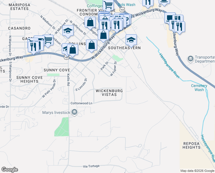 map of restaurants, bars, coffee shops, grocery stores, and more near 60 South Monte Cristo Drive in Wickenburg