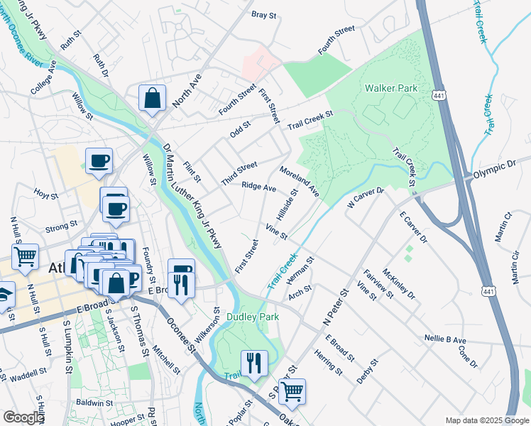map of restaurants, bars, coffee shops, grocery stores, and more near 178 First Street in Athens