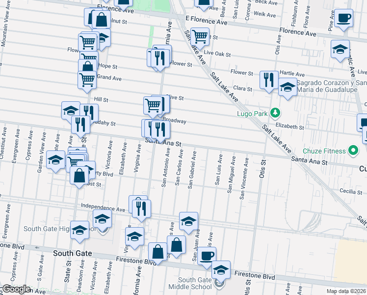 map of restaurants, bars, coffee shops, grocery stores, and more near 3700 Santa Ana Street in South Gate
