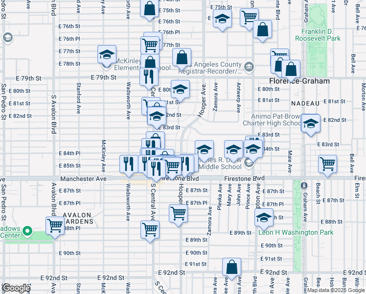 map of restaurants, bars, coffee shops, grocery stores, and more near 8414 South Hooper Avenue in Los Angeles