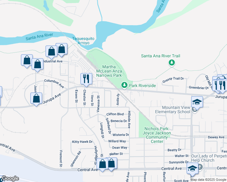 map of restaurants, bars, coffee shops, grocery stores, and more near 6018 William Street in Riverside