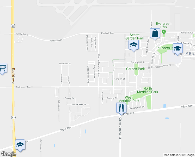 map of restaurants, bars, coffee shops, grocery stores, and more near 16047 Begonia Avenue in Chino