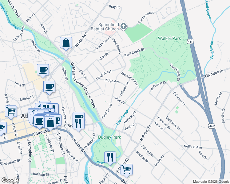 map of restaurants, bars, coffee shops, grocery stores, and more near 235 Ridge Avenue in Athens