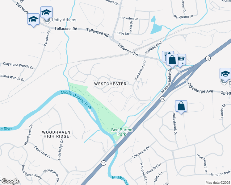 map of restaurants, bars, coffee shops, grocery stores, and more near 161 Westchester Circle in Athens