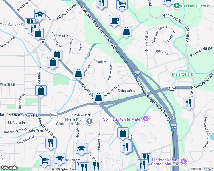 map of restaurants, bars, coffee shops, grocery stores, and more near in Marietta