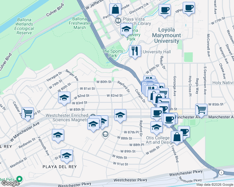 map of restaurants, bars, coffee shops, grocery stores, and more near 7353 West 82nd Street in Los Angeles