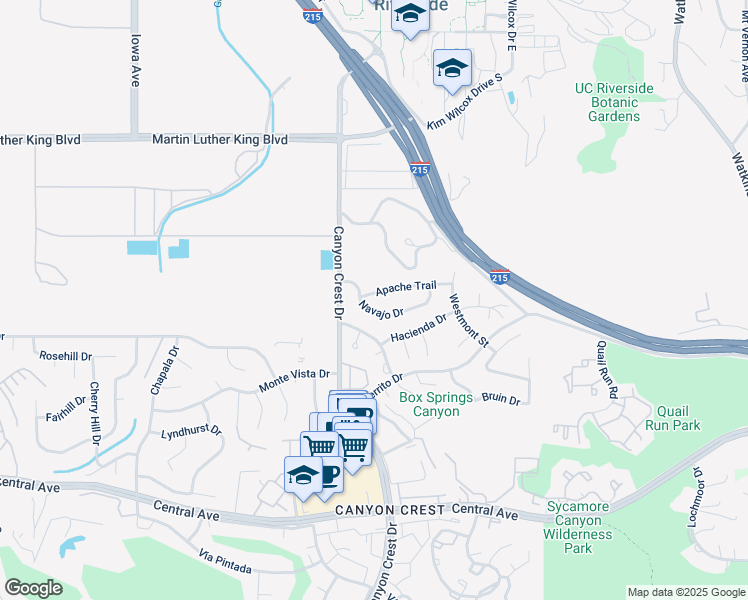 map of restaurants, bars, coffee shops, grocery stores, and more near 840 Apache Trail in Riverside