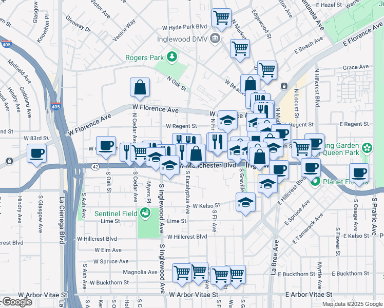 map of restaurants, bars, coffee shops, grocery stores, and more near 110 South Eucalyptus Avenue in Inglewood
