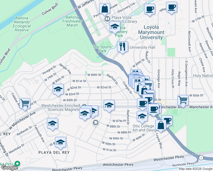 map of restaurants, bars, coffee shops, grocery stores, and more near 7353 West 82nd Street in Los Angeles