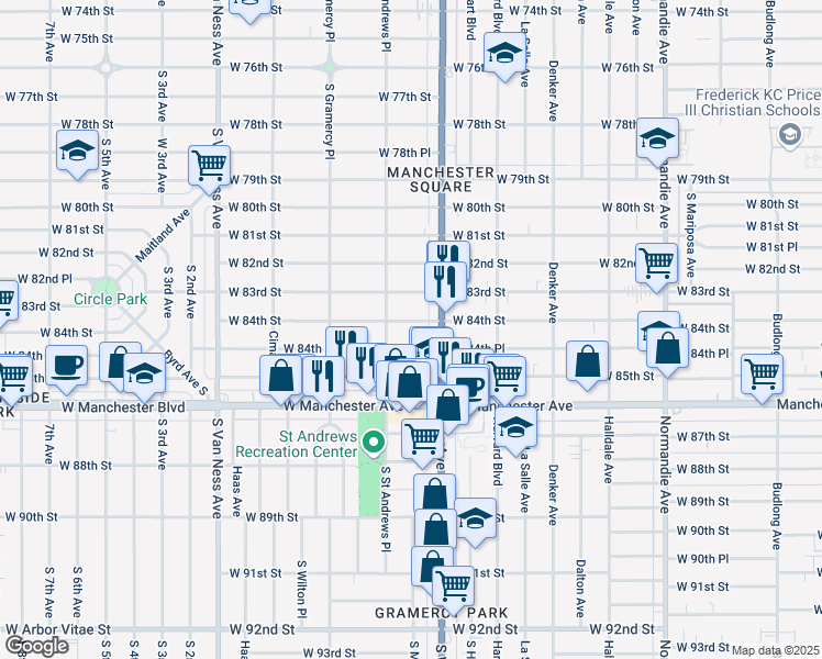 map of restaurants, bars, coffee shops, grocery stores, and more near 1834 West 84th Street in Los Angeles