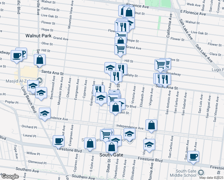 map of restaurants, bars, coffee shops, grocery stores, and more near 8116 Madison Avenue in South Gate
