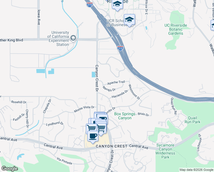 map of restaurants, bars, coffee shops, grocery stores, and more near 840 Apache Trail in Riverside