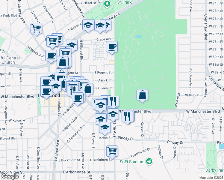 map of restaurants, bars, coffee shops, grocery stores, and more near 105 South Prairie Avenue in Inglewood