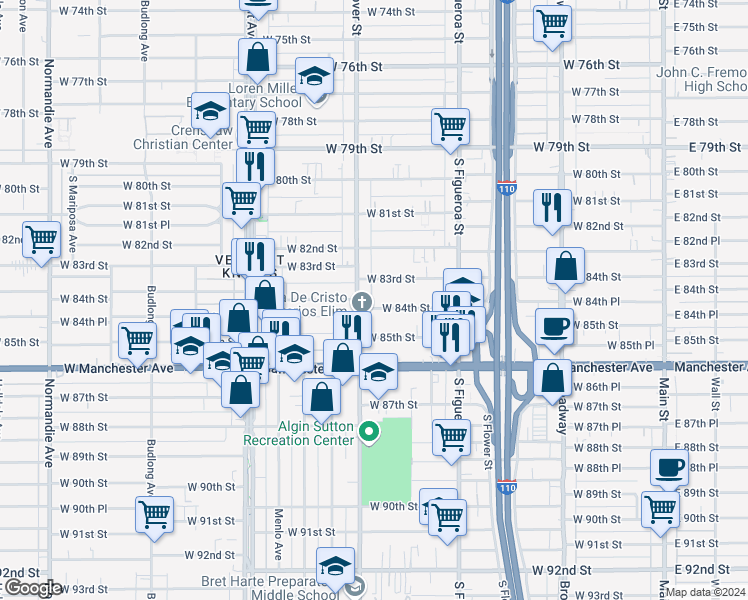 map of restaurants, bars, coffee shops, grocery stores, and more near 727 West 84th Street in Los Angeles