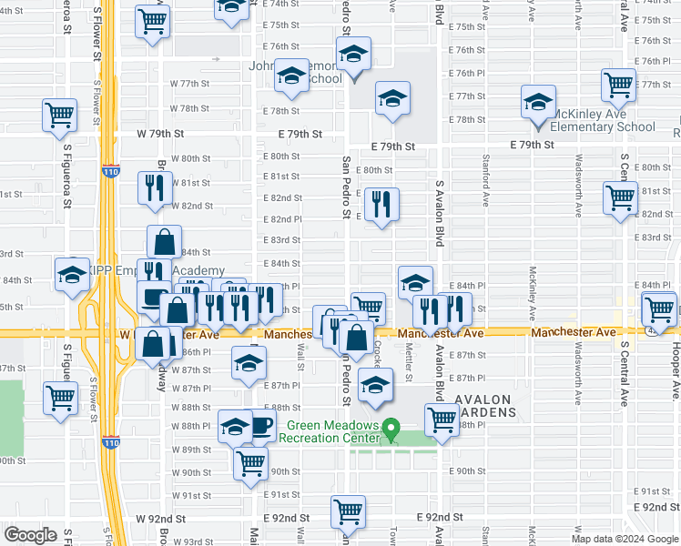 map of restaurants, bars, coffee shops, grocery stores, and more near 8411 San Pedro Street in Los Angeles