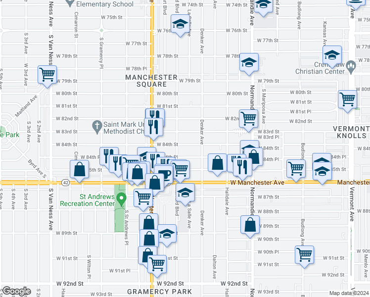 map of restaurants, bars, coffee shops, grocery stores, and more near 1642 West 84th Street in Los Angeles