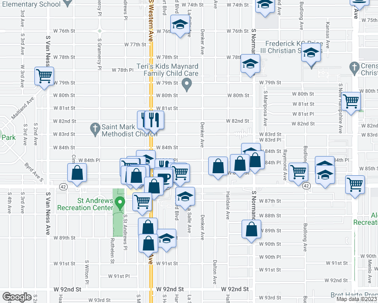 map of restaurants, bars, coffee shops, grocery stores, and more near 1632 West 84th Street in Los Angeles