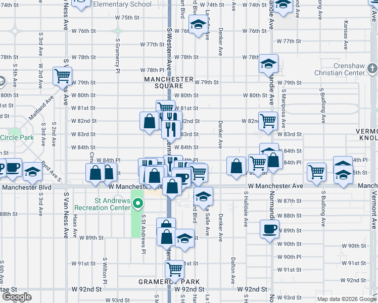 map of restaurants, bars, coffee shops, grocery stores, and more near 1733 West 84th Street in Los Angeles