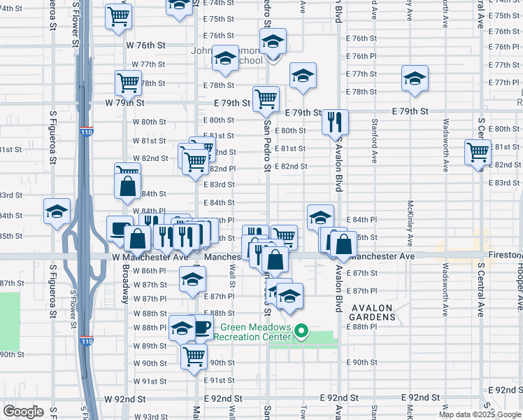 map of restaurants, bars, coffee shops, grocery stores, and more near 8411 San Pedro Street in Los Angeles