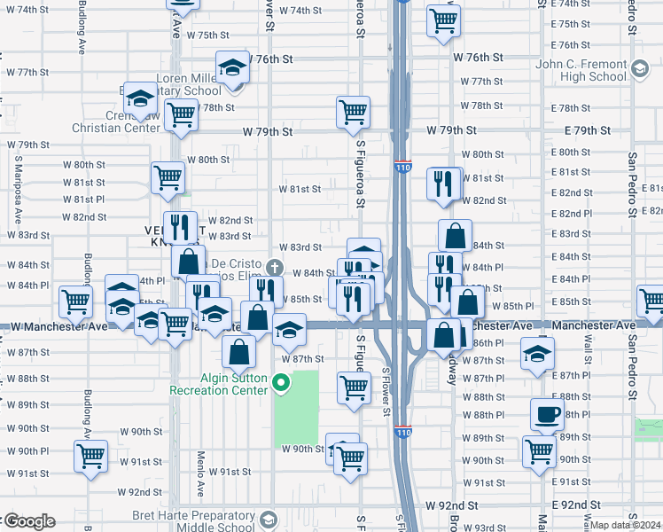 map of restaurants, bars, coffee shops, grocery stores, and more near 601 West 84th Street in Los Angeles