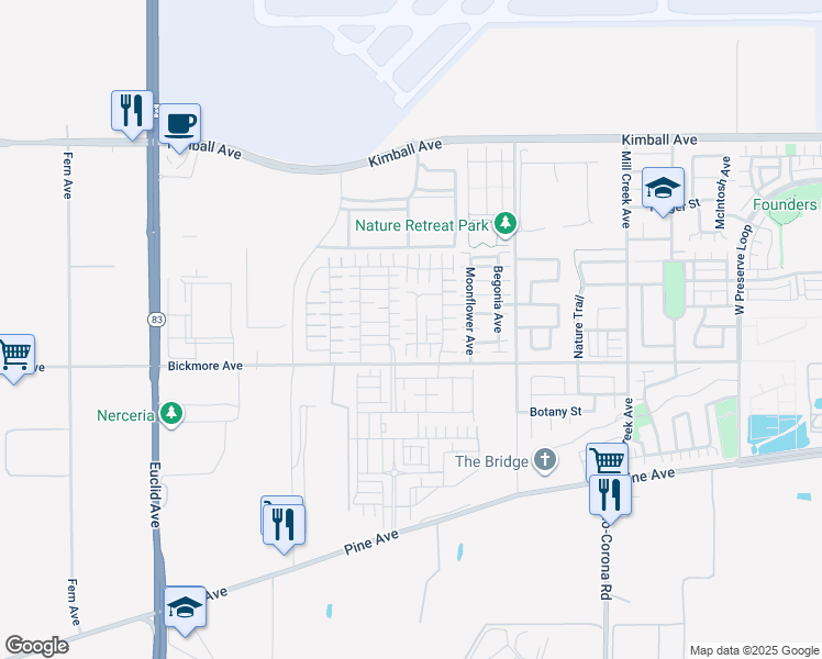 map of restaurants, bars, coffee shops, grocery stores, and more near 16042 Voyager Avenue in Chino