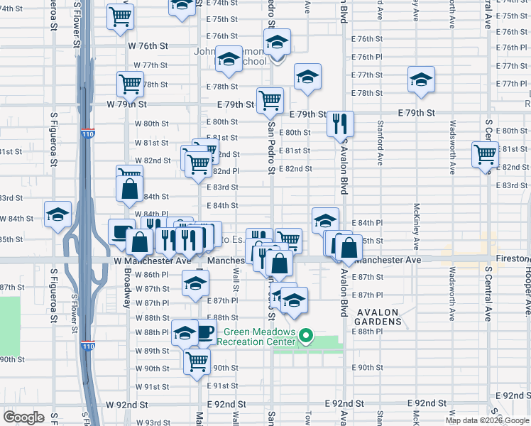map of restaurants, bars, coffee shops, grocery stores, and more near 8411 San Pedro Street in Los Angeles