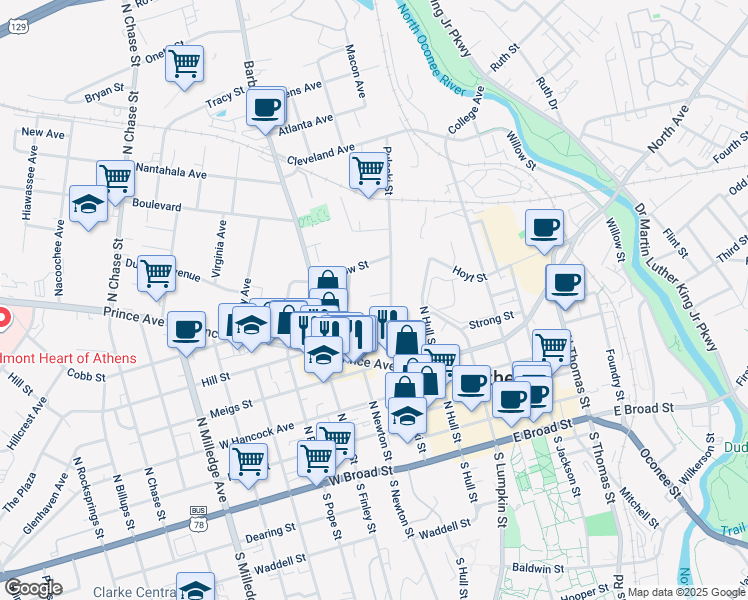 map of restaurants, bars, coffee shops, grocery stores, and more near 561 Pulaski Street in Athens