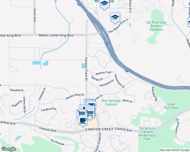 map of restaurants, bars, coffee shops, grocery stores, and more near 840 Apache Trail in Riverside