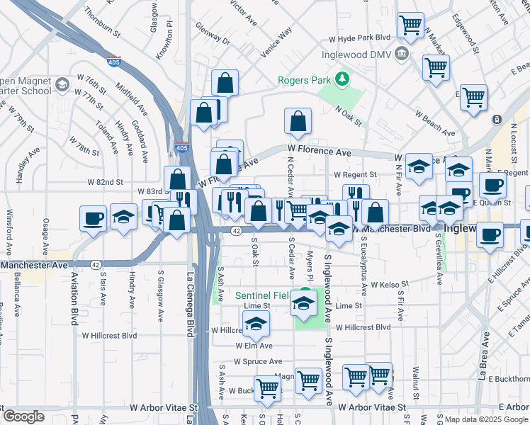 map of restaurants, bars, coffee shops, grocery stores, and more near 534 West Queen Street in Inglewood