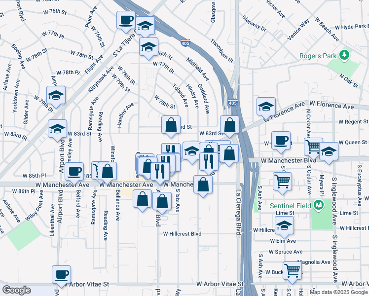 map of restaurants, bars, coffee shops, grocery stores, and more near 8301-8331 Isis Ave in Los Angeles
